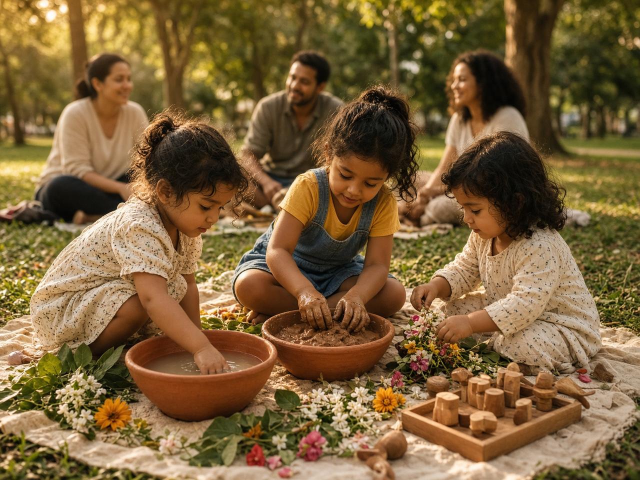Oficina em casa da Buba Vivências, com terra e materiais naturais.